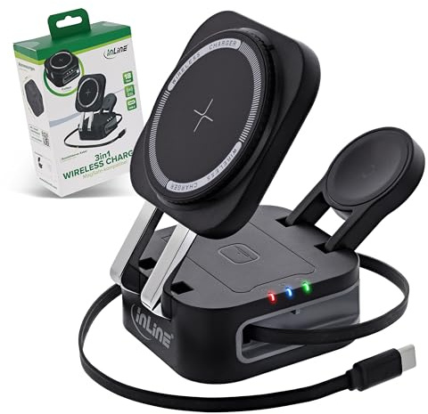 InLine 3in1 Wireless Charger, MagSafe-kompatibel, faltbar, Qi-Ladegerät für iPhone, Apple Watch, Kopfhörer, USB-C, 15W Schnellladung, 33392T
