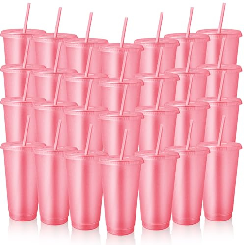MSYU 60 Pack Tumbler with Straw and Lid Bulk Cups for Gifts Glitter Plastic Coffee Cups 710 ml Reusable Water Bottle Iced Coffee Travel Mug Party Favors for Birthdays Travel (Pink)