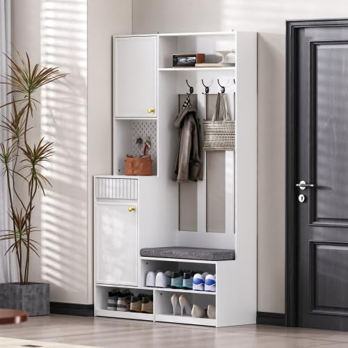 Hallgarderob med sittbänk och lådor – 6-i-1 garderobsskåp med spegel och hålvägg – byrå, hall i vitt – skoskåp med sittbänk för smal planka, inkl. tippskydd (100 x 35 x 180 cm)