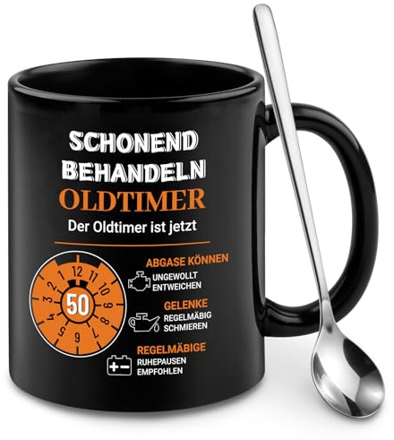 Personalisierte Tasse 50 Geburtstag Mann, Lustige Kaffeetasse aus Keramik | Schonend behandeln Oldtimer ist jetzt 50, Geburtstagsgeschenk für Männer , Papa , Opa , Kollegen , Schwarz , 350 ml