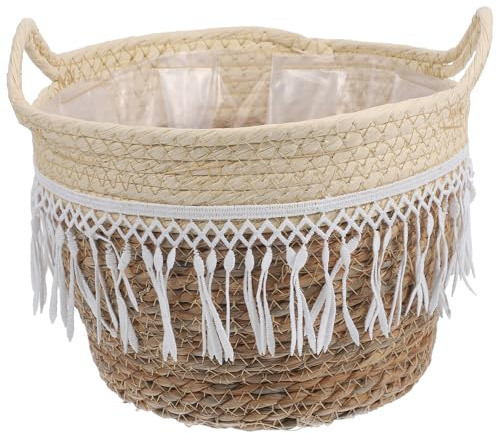 jojofuny Tassel Edge Hand Woven Basket Planter with Built-in Plastic Liner Decorative Flower Pot for Indoor and Garden Use Adds Greenery and Freshness to Random Color