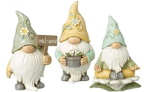Garden Gnome Figurines Set of 3, Welcome Theme, Resin, 8 cm, Indoor Decorative Ornaments