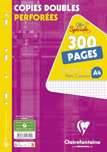 Clairefontaine 14712C - Packung mit 150 Blatt Klausurbogen (Doppelblätter) DIN A4 21x29,7 cm, 90g gelocht, kariert 5/5, eingeschweißt, Universallochung, Weiß, 1 Pack
