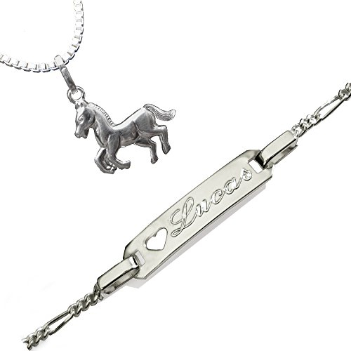 Taufset : Anhänger Pferd mit Venezianer-Kette + Babyarmband - Taufarmband ID mit SOFORTGRAVUR + VORSCHAU: Gravur 13-15 cm: Figaro-Glieder. Beide Teile Sterling Silber 925 gestempelt