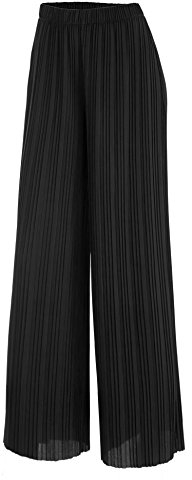 Lock and Love Damen Knöchel-/Maxi-Plissee-Hose mit weitem Bein Palazzo-Hose mit Kordelzug/Gummizug - Schwarz - S/M