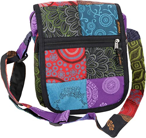 GURU SHOP Ethno Schultertasche, Patchwork Nepaltasche - Schwarz/Bunt, Unisex - Erwachsene, Baumwolle, 25x25x15 cm