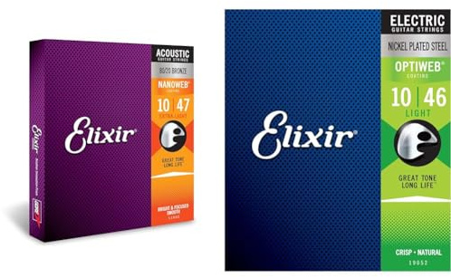 Elixir Corde Per Chitarra Acustica Bronzo 80/20 Strings Con Rivestimento Nanoweb, Extra Light (.010-.047) & Corde Per Chitarra Elettrica Strings Con Rivestimento Optiweb, Light (.010-.046)