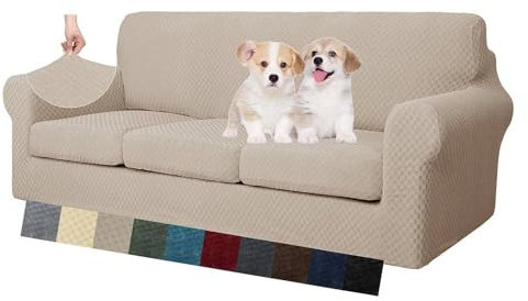 MAXIJIN Copridivano elasticizzato a 3 Posti con 3 Copricuscini, Copridivano antiscivolo a tre posti con Copricuscino Separato per animali domestici, cani (3 Posto, Cachi)