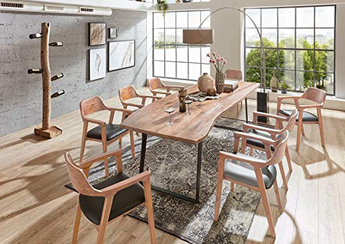 SAM 9tlg. Essgruppe Hobart 260 x 100 cm, Akazienholz massiv & naturfarben, Baumkantentisch mit schrägem Gestell Schwarz + 8X Holzsessel Angel