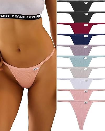 FINETOO 10 Pack G-String Thongs for Women Cotton Panties Stretch T-back Tangas Low Rise Hipster Underwear Sexy S-XL
