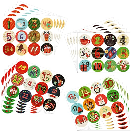 240 Pieces Christmas Advent Calendars Stickers Christmas Number Sticker Xmas Decals 1-24 Advent Calendar Decals for Xmas Party Favors DIY Crafts Baking Label Decoration