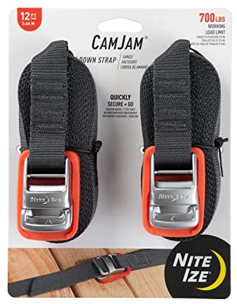 Nite Ize CamJam Tie Down Strap - Tie Down Ratchet Straps - Straps for Trucks & Cars - Tie Downs for Luggage, Camping Gear & Other Loads - Moving Supplies - 12 ft Strap, Orange (Pack of 2)