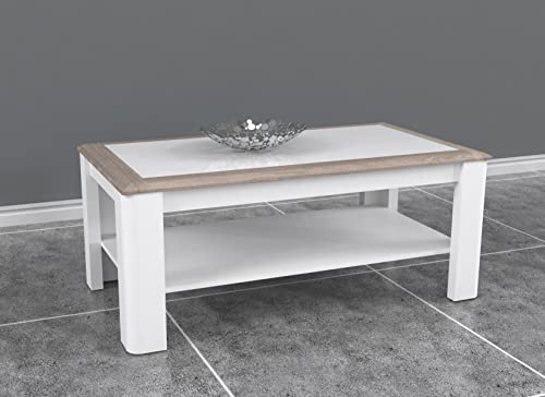 Couchtisch Nelson Eiche und Weiß Hochglanz Wohnzimmertisch Modern - 110x45x60 cm (BxHxT) - Sofatisch Ablagetisch Tisch - [Pouline.Seven] Wohnzimmer Wohnstube