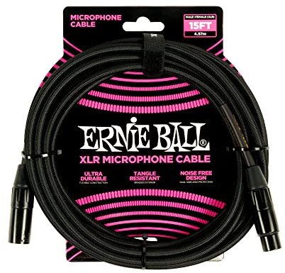 Ernie Ball 15' Braided Male Female XLR Microphone Cable Black