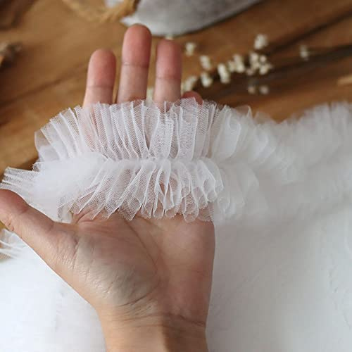 LUMoony 1 Yard 6cm Breite Elastischer Plissee-Chiffon-Spitzen-Rüschenbesatz-Bandbesatz-Stoff 2-Lagen-Stretch-Plissee-Spitzenrandbesatz-Band-Applikations-Nähhandwerk-Brautkleid-Spitzenstoff