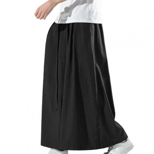 Abigprofit Schwarze Hakama-Kung-Fu-Hose aus Eisseide für Herren mit weitem Saum Wushu-Kimono, chinesische Weithose Black 4XL