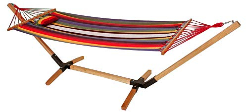 Hängematte Hängeliege Liege Liegefläche Gartenliege, Hartholz Baumwolle Mehrfarbig rot, LxBxH 310x100x100cm
