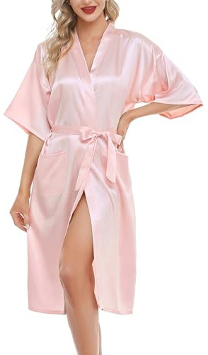 Lovasy Vestaglia Sposa Donna In Seta Kimono Estivo Sexy Scollo V con Cintura Camicie da Notte Lungo Accappatoi e Vestaglie da Sposa, Rosa, L