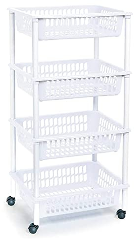 Acan Tradineur - Carro verdulero - Modelo PLFT - Color Blanco – con Ruedas - 4 cestas 85 x 40 x 30 cm - Multiusos para organizar los Espacios domésticos, Ideal para baño, Cocina, Sala y Garaje.