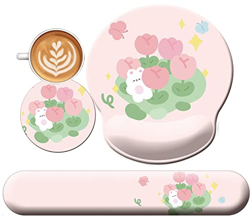 Cute Mouse Pad and Keyboard Wrist Rest Support, [ 20% Larger] Anime Kawaii Gel Wrist Rest with Non-Slip PU Base, Ergonomic Mouse Pad with Coaster,Pain Relief ,Game Work Study Home Office-Tulip Bunny