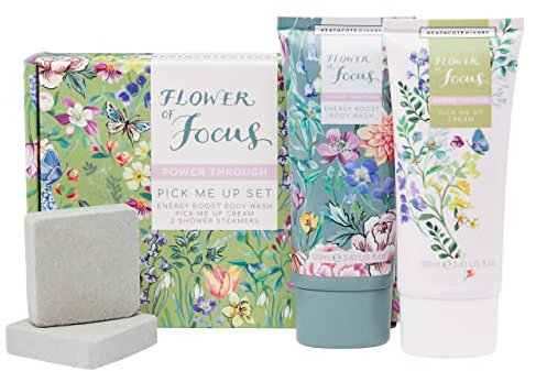 Heathcote & Ivory Flower of Focus Pick Me Up Coffret cadeau | Gel douche 100 ml 100 ml, crème riche tout usage et 2 cuiseurs vapeur de 30 g | Sans cruauté envers les animaux et végétaliens