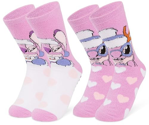 Disney Chaussettes Femme Pilou, 2 Paires Chaussettes Antidérapantes Femme Stitch Mickey Minnie Baby Yoda (Rose Angel)