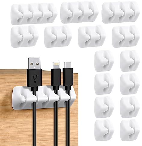 URAQT Kabelclips Kabelhalter, 16 Stück Vielzwecke Kabelführung Kabel Organizer Set für Schreibtisch, Netzkabel, USB Ladekabel, Ladegeräte, Audiokabel (mini-Weiss)