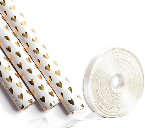 KC Shop Germany, 3x Geschenkpapier, Rollen, 70x300cm, gold, schick, Hochzeit, schön, edel, Herzen, Baby, groß, Kind, Frau, Mann (Goldene Herzen mit Schleife)