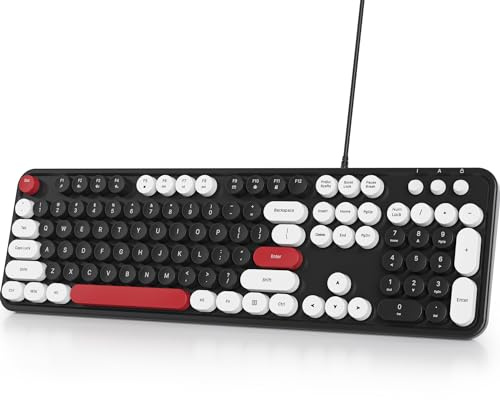 Owpkeenthy Retro Typewriter Cute Keyboard with Floating Round Keys, Full Size Wired USB Keyboard Click Feeling with Foldable Stands for Laptop Office PC Desktop Windows (Minimalist Black)