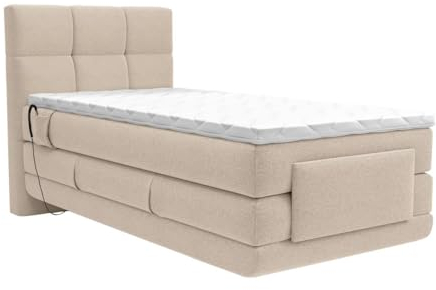 Vente-unique Palacio - Boxspringbett mit gestepptem Kopfteil + elektrischem Untergestell mit Relaxfunktion + Matratze + Topper - 100 x 200 cm - Stoff - Beige - LODI