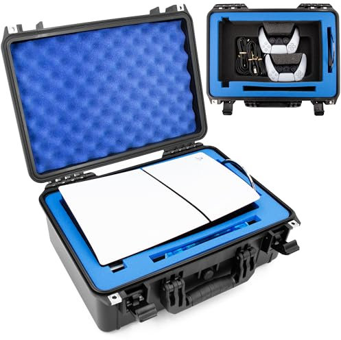 CASEMATIX Travel Case Compatible With PS5 Slim & PlayStation 5 Slim Digital Edition - Hard Shell Waterproof Case with Custom Foam for Console, Controllers, Stand, Cables and Game