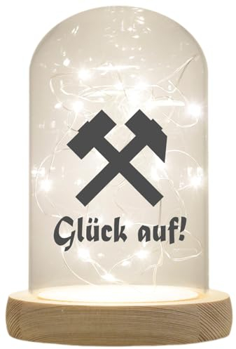 WB wohn trends LED-Glaskuppel, Glück auf! Schlägel und Eisen, 16,5x11cm, Glasglocke mit LED-Licht und Holz-Fuß LED-Laterne LED-Lampe mit Text Spruch