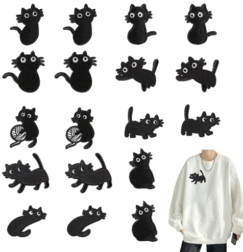 KASESSS 18-Piece Embroidered Patches - Cute Iron-On & Sew-On Patches for Clothing & Accessories - Black Kitten & Cat Designs