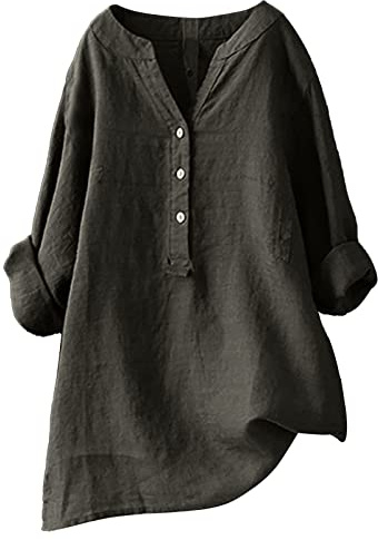 Chemisier Femme Chic et Élégant Coton Et Lin Chemise Col en V Bouton | Eté Manches Longues Printemps Tshirt Couleur Unie Respirant Coton Lin Tunique Grande Taille Pas Cher