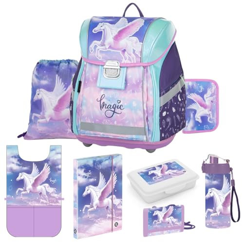 OXY BAG Schulranzen 8tlg. PREMIUM Schul Rucksack mit Pegasus-Motiv | Ergonomische Schulrucksack, Sportbeutel, Federmappe, Kunstponcho, Trinkflasche, Snackbox & mehr | Ideal für 1. - 3. Klasse