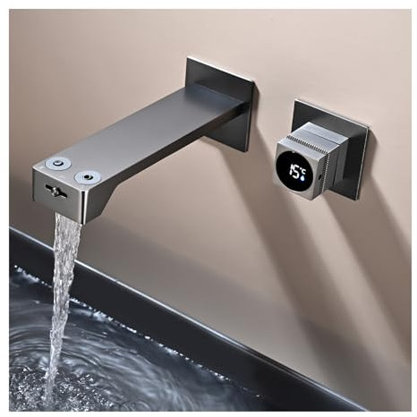 ESOP Mitigeur Lavabo Affichage Numérique LED Robinet Lavabo Gris Pistolet Robinet Cascade Mural Robinet Salle de Bain 3 Fonctions Mitigeur Salle de Bain avec Boîte Intégrée