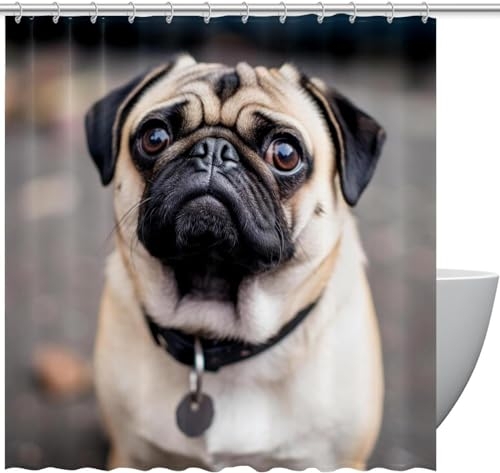 Duschvorhang 120 x 200 Mops Shower Curtains Hund Duschvorhänge Anti Schimmel Bad Vorhang Waschbar Polyester Textil für Badezimmer Badewanne mit 8 Haken, X1157