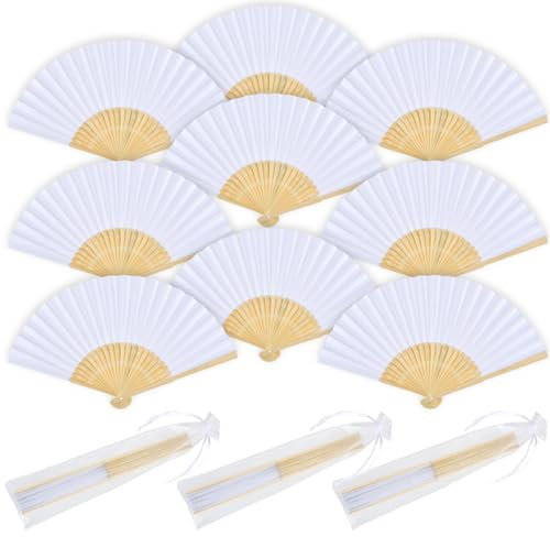 OctBird White Fan + Organza Bag Set 12 Pieces,Handheld Fan Folding,Paper Fan,Folding Hand Fan,Paper Fans Handheld,Wedding Fans for Guests,Wooden Fan,Fan Handheld Paper,Bamboo Fan,Bride Fan,Wedding Fan