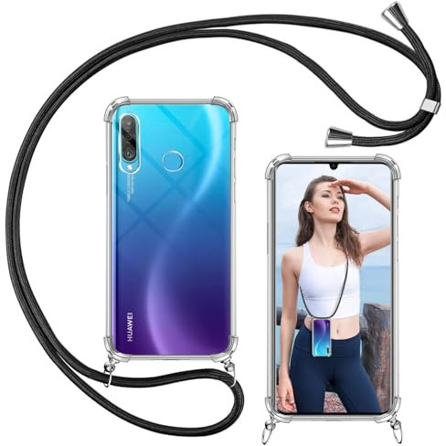 ISOI - Handykette kompatibel mit Huawei P30 lite Hülle mit Band, Transparent Handyhülle zum Umhängen, Weiche TPU Silikon Necklace Schutzhülle, mit Stoßfester Airbag-Stoßfänger-Schwarz