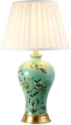 BFFGKGL Style chinois peint à la main fleurs plantes chambre lampe de table créativité nordique grande lampe de table de chevet en céramique orientale moderne vase vert étude lampe de bureau pour salo