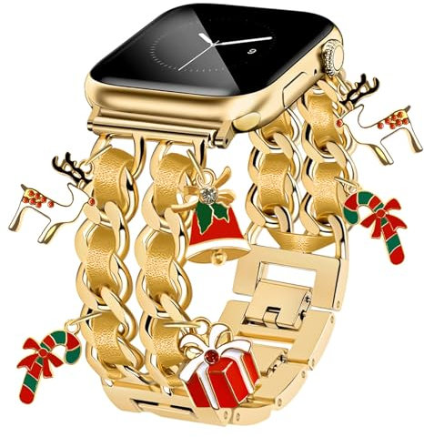 HAYONLIY Pulseras de Navidad compatibles con Apple Watch Strap 38 mm, 40 mm, 41 mm, 42 mm, 44 mm, 45 mm, correa de repuesto de metal para iWatch Series 9/8/7/6/5/4/3/2/1/SE/Ultra, doble cadena