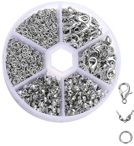 570 Pcs Armband Verschlüsse Set,Perlen Verschlüsse,Verschlüsse für Armbänder,Kettenverschluss,Biegeringe Karabinerverschluss und Crimpenden,Schmuckverschlüsse,für DIY Schmuck Basteln-Silber