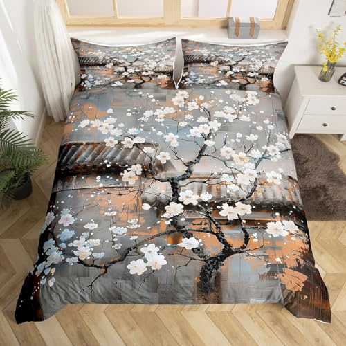 White Floral Duvet Cover King Size,Brown Gray Marble Comforter Cover with 2 Pillowcase for Teens Adults,Kids Abstract Art Bedding Set,Modern Simple Breathable 3 Pcs Decorative Bed Cover(No Comforter)