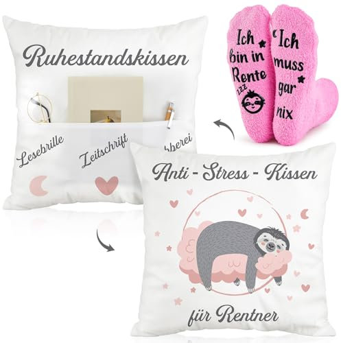 Namalu Geschenkset Rente für Frau Anti-Stress-Kissen für Rentner Zierkissenbezüge 1 Paar Ich Bin in Rente Ich Muss Gar Nix Rente Socken Geschenk Ruhestand für Damen Kollegen (Rosa,Niedlich)