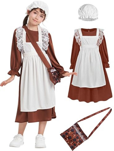 IKALI Girls Victorian Costume, 4 Pcs Medieval Dress Bag Mop Cap Outfit for Kids Fancy Dress Up World Book Day Party 7-8Y