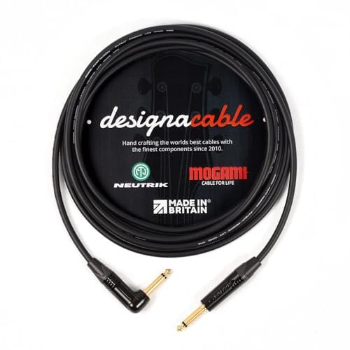designacable.com 3m - Angled to Straight Black Jack Guitar Cable - Handmade in the UK using Mogami GOLD 2524 Guitar Cable & Neutrik NP2RX-B & NP2X-B Jacks.