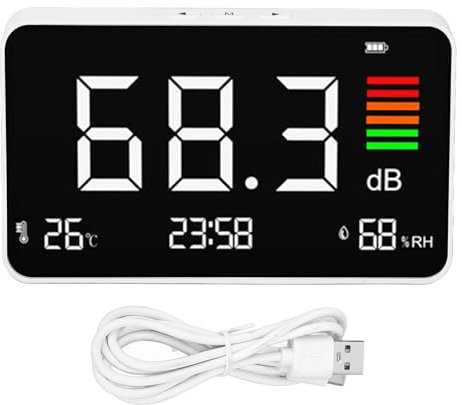 Dezibel-Messgerät Schallpegelmesser mit Temperatur- und Luftfeuchtigkeitsmessung 30–130 dBa Großes LCD-Display Für Klassenzimmer Studio Zuhause Fabrik Büro Werkstatt Veranstaltungen Außenbereich Indus