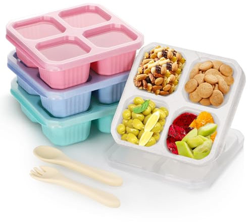 Starvortex 4 Stück Snackbox mit Fächern, 4 Fächer Faltbare Brotdose, Snackbox Kinder Erwachsene, Mikrowellen-Sicherheit, Wiederverwendbare Snackdose für Schule Arbeit Reisen mit Löffeln & Gabeln