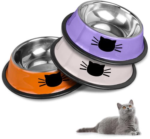 HTRTRR Juego de cuencos antideslizantes para gatos, de acero inoxidable, comederos y bebederos para gatos y mascotas (Gris + Naranja + Morado)