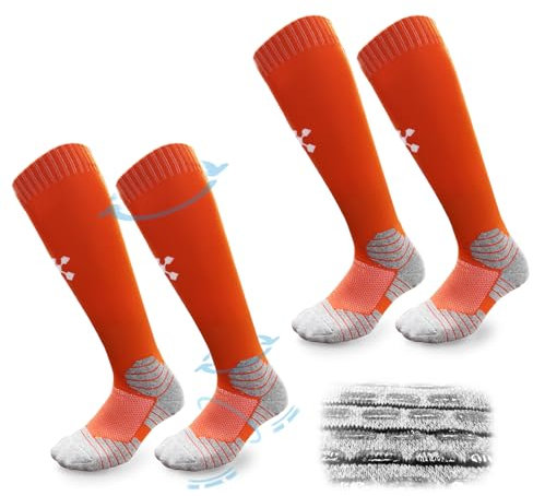 FIBOGOUP 2 Paar Fußballsocken Kinder Herren Stutzen - Fußball Stutzen EU 39-44 - Anti-Rutsch Trainingssocke Stutzenstrumpf - Sportsocken für Fußball, Laufen, Training-Orange-L